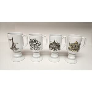 Kaysons International Pedestal Coffee Mugs Lot Of 4 Vtg 1965 Historical Landmark